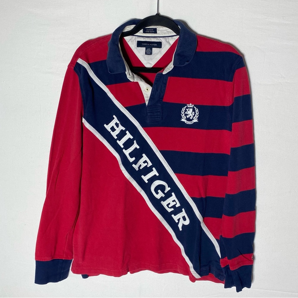Vintage Y2K Tommy Hilfiger Red Navy Diagonal Sash Logo Striped Polo Rugby Top L